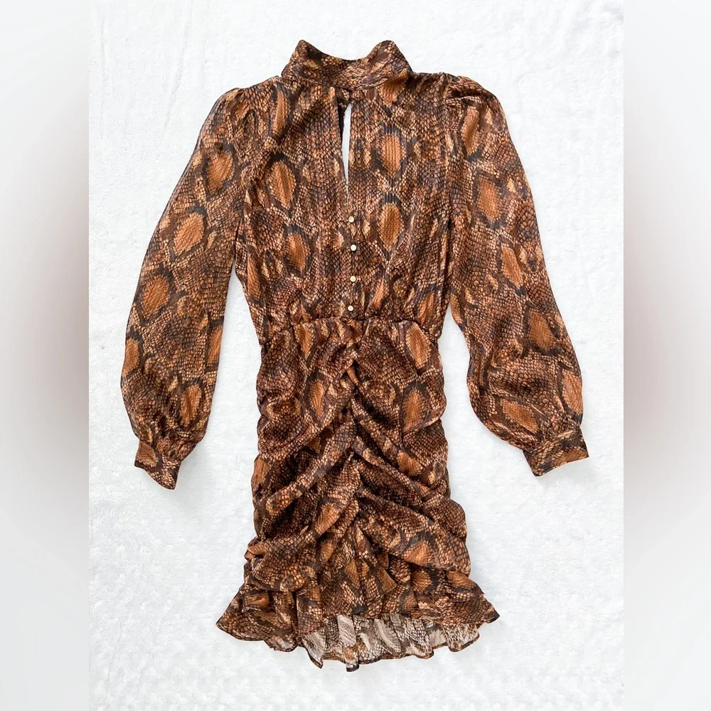 NWT- ZARA Animal Print Ruched Ruffle Front Long Sleeve Mini Dress